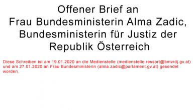 Offener Brief an Frau Bundesministerin Alma Zadic, Bundesministerin für Justiz der Republik Österreich